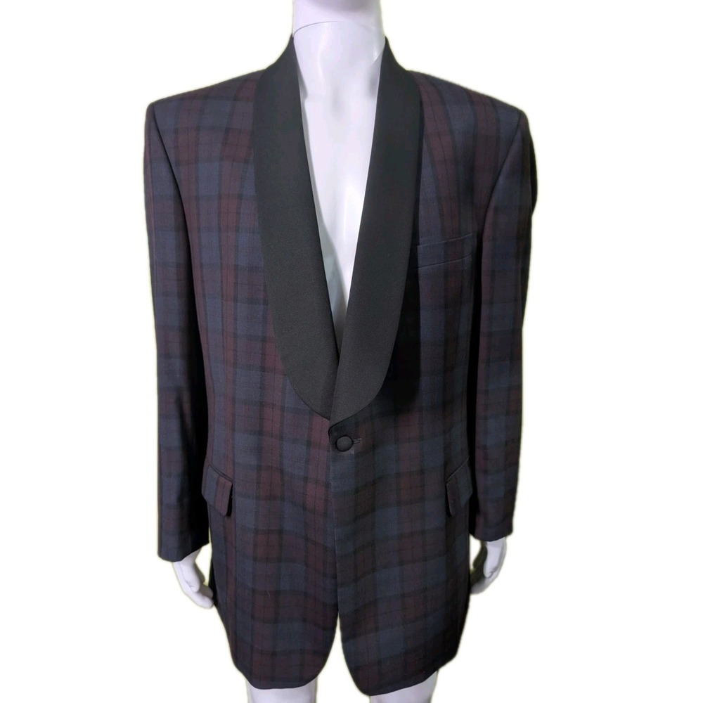 Jos A Bank Men's 48L Plaid Tuxedo Dinner Jacket Wool Cashmere Shawl Collar